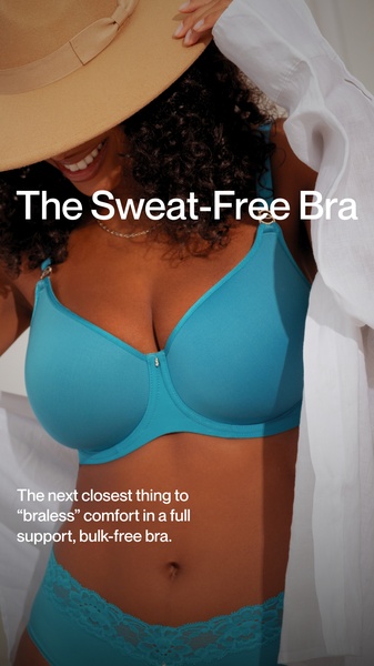 A high-quality studio portrait featuring a model in a vibrant blue underwire bra paired with a sun hat, emphasizing comfort and style.